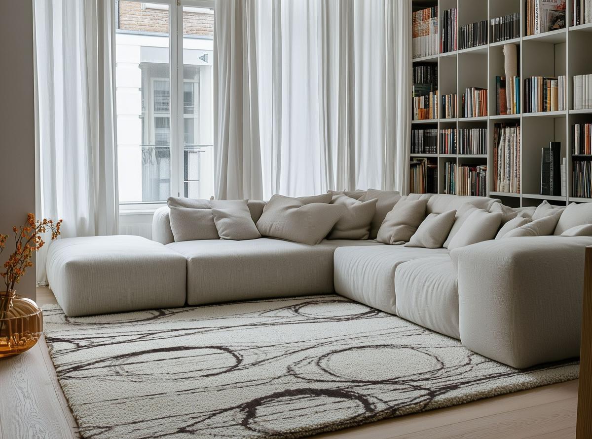 Tapis berbère clair avec motif circulaire dans un salon moderne